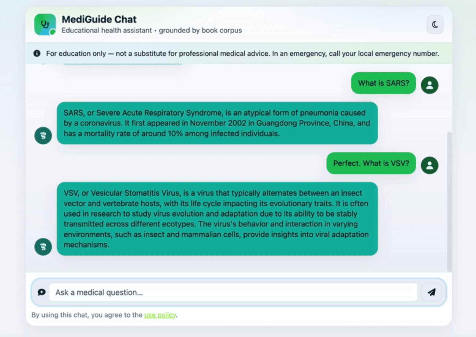 MediGuide Chat interface from the medical RAG prototype, showing an education-only disclaimer and a sample conversation answering general questions about SARS and VSV.